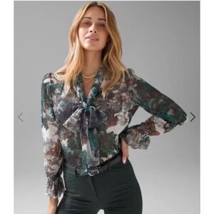 EUC White House Black Market Dark Forest Clip Dot Tie Neck Top M